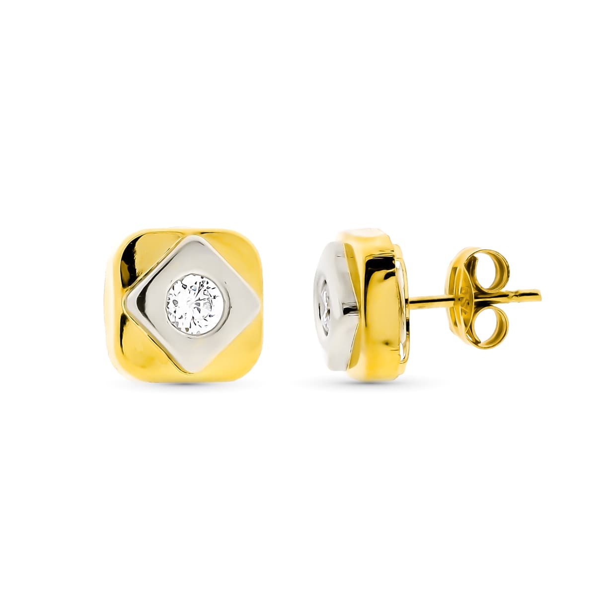 Pendientes Bicolor Cuadrados 8 x 8 mm Cierre a presión 18K