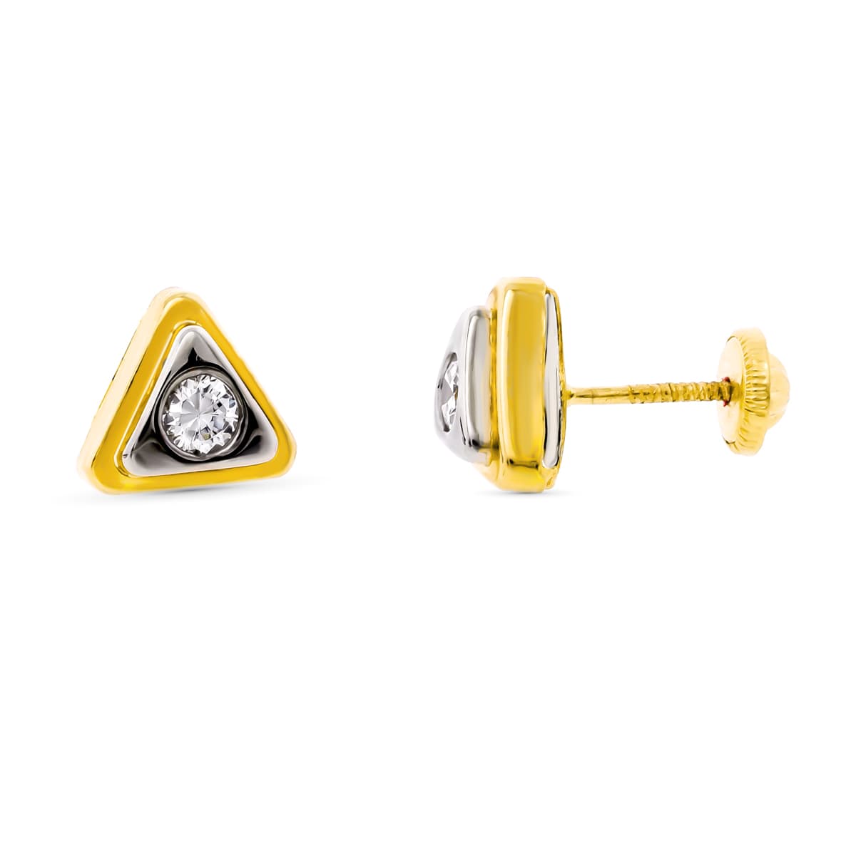 Pendientes Bicolor Triangulo con Circonita 8 x 8 mm Cierre Tuerca 18K