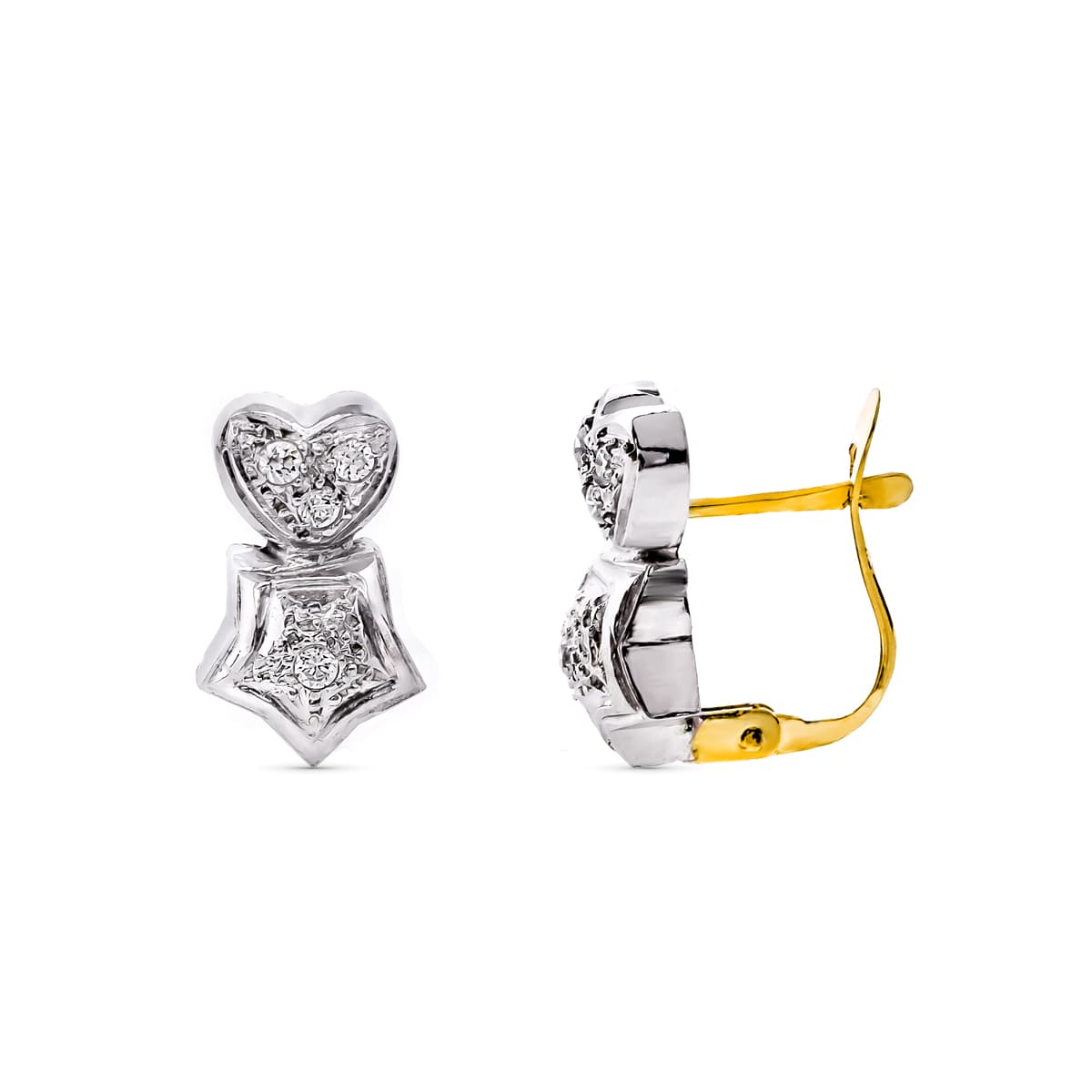 Pendientes Bicolor Corazon y Estrella con Circonita 13 x 8 mm 18K