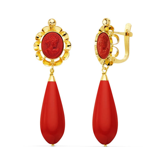 Pendientes Cubanas Turquesa Coralina 47 x 14 mm de oro amarillo 18K