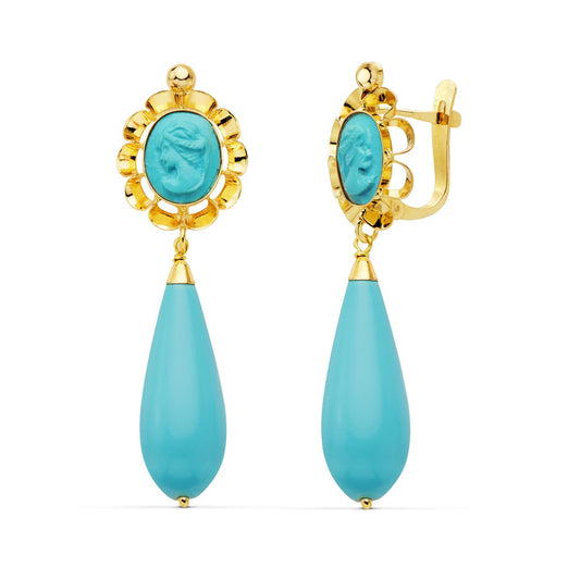 18K PENDIENTES ORO AMARILLO TURQUESA CAMAFEO 47X14 MM CEIRRE CATALÁN