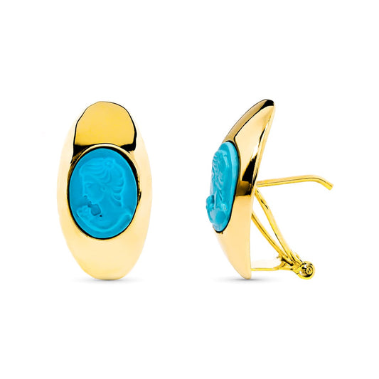 18K PENDIENTES ORO AMARILLO CAMAFEO TURQUESA CIERRE OMEGA