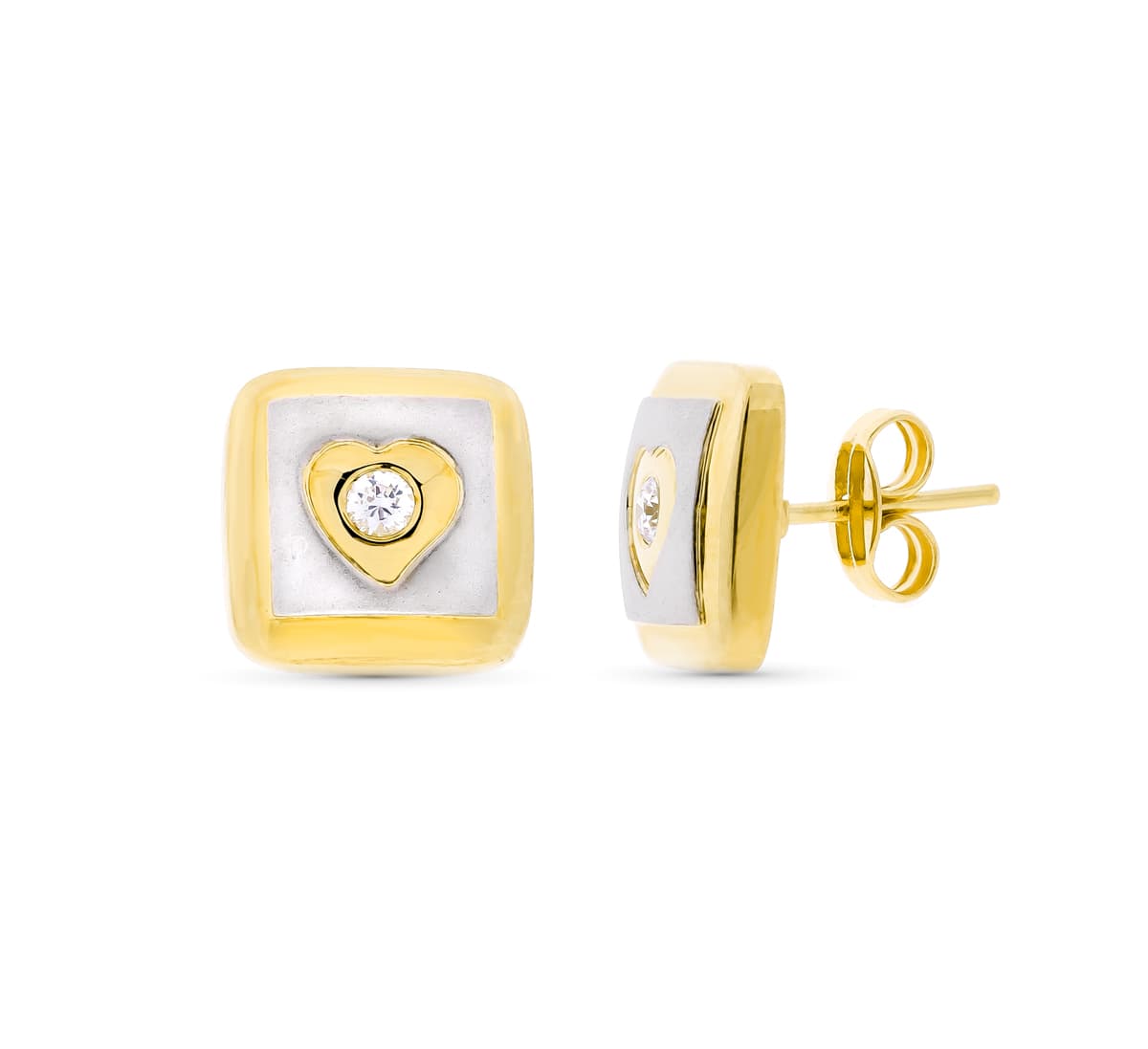 Pendientes Bicolor Mate y Brillo Cuadrados Bicolor 11 x 11 mm Cierre a Presión 18K