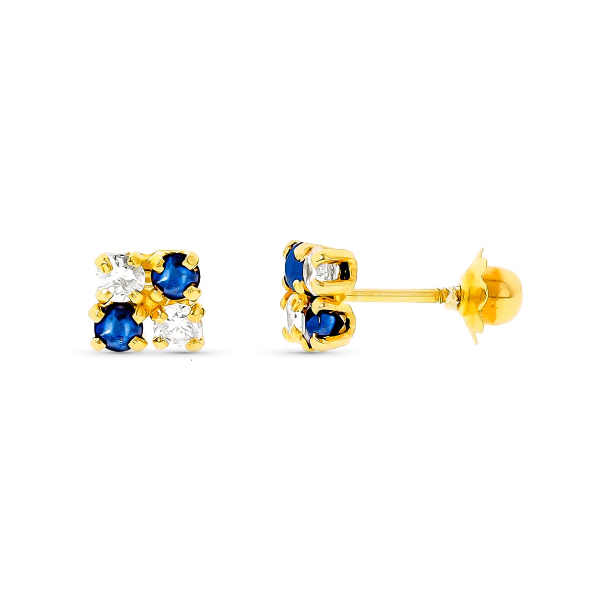 Pendientes Zafiros y Circonita Cierre Tuerca de oro amarillo 18K