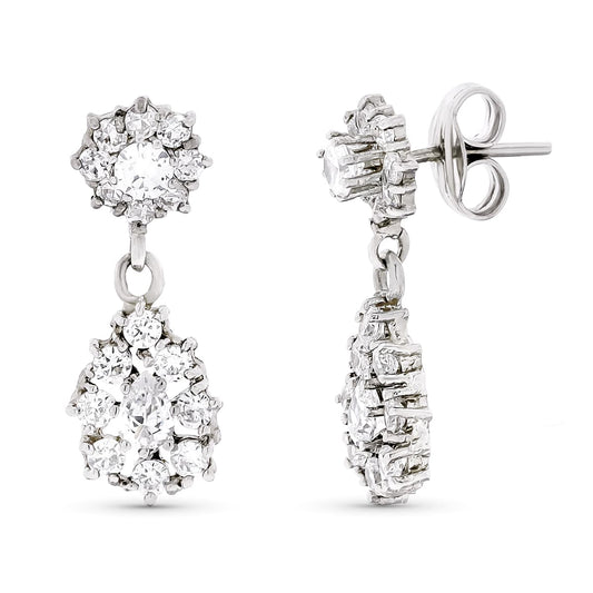 18K PENDIENTES ORO BLANCO LARGOS CIRCONITA 21X8 MM CIERRE A PRESIÓN