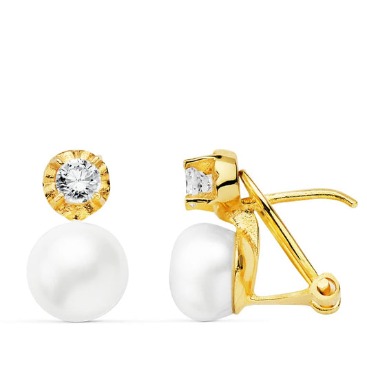 18K PENDIENTES ORO AMARILLO PERLA BOTON 13X7 MM CIERRE OMEGA