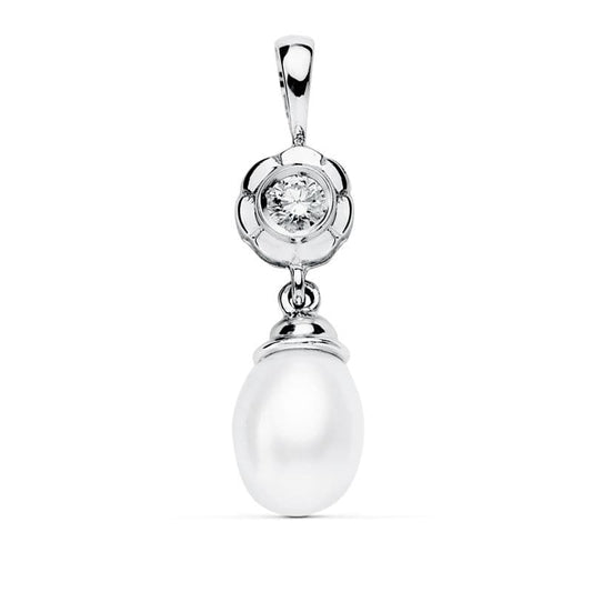 Colgante Chaton y Perla 22 x 8 mm de oro blanco 18K