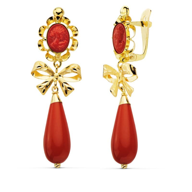 Pendientes Cubanas Coralina Camafeo 42 x 13 mm de oro amarillo 18K