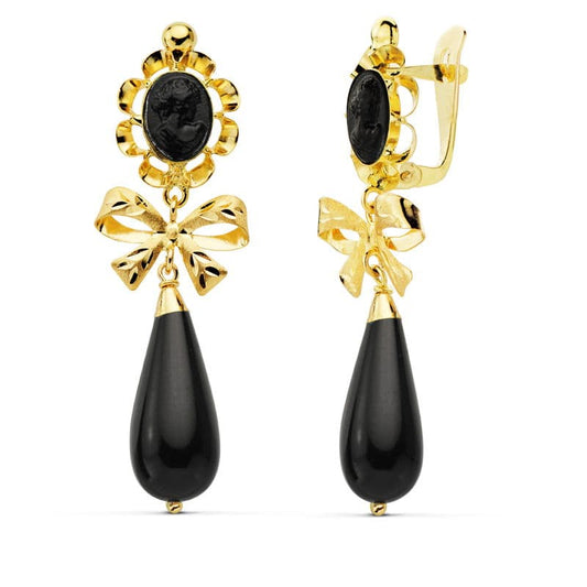 18K PENDIENTES ORO AMARILLO NEGROS CAMAFEO 42X13 MM CIERRE CATALÁN