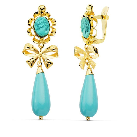 18K PENDIENTES ORO AMARILLO TURQUESA CAMAFEO 42X13 MM CIERRE CATALÁN