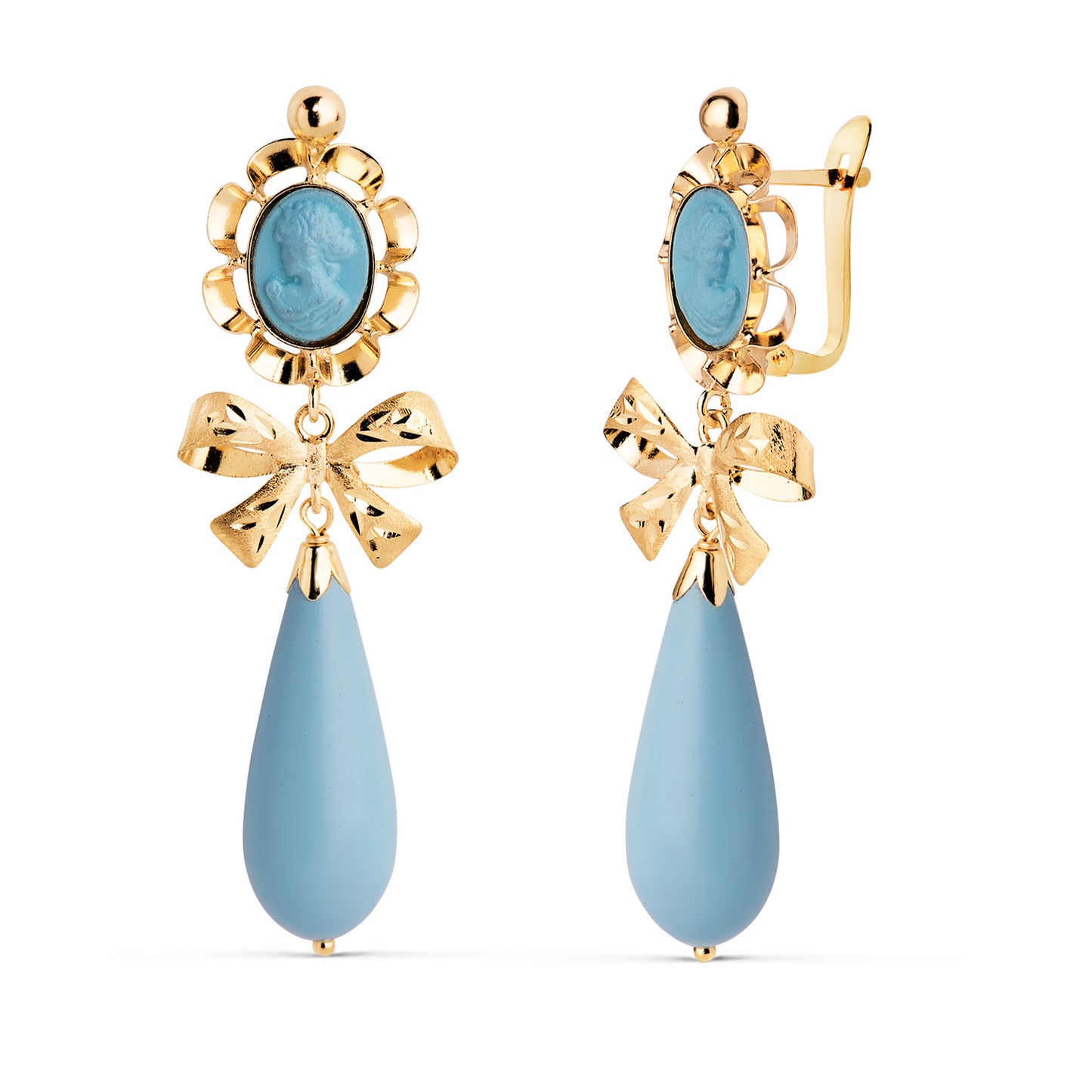 18K PENDIENTES ORO AMARILLO TURQUESA CAMAFEO 42X13 MM. CIERRE CATALÁN