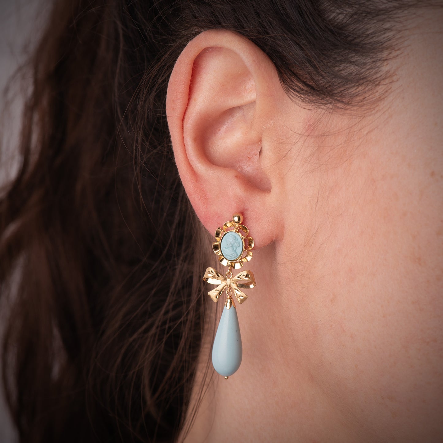 18K PENDIENTES ORO AMARILLO TURQUESA CAMAFEO 42X13 MM. CIERRE CATALÁN