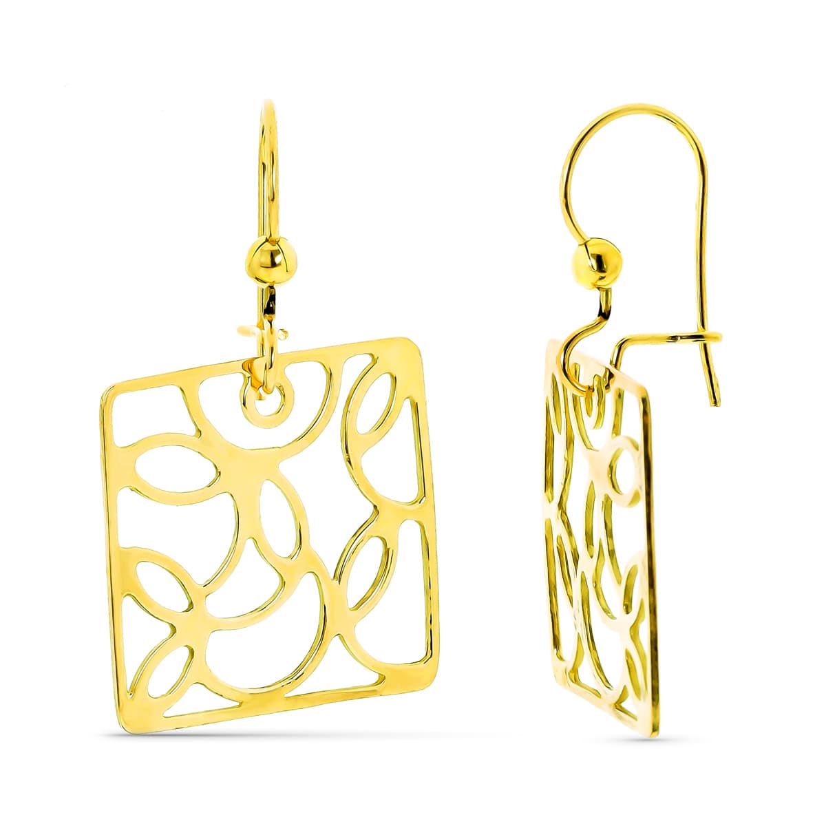 18K PENDIENTES CUADRADOS ORO AMARILLO CALADOS CIERRE GANCHO