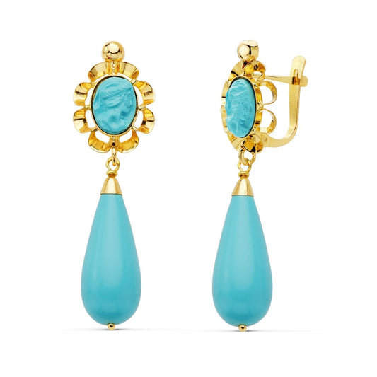 Pendientes Cubanas Turquesa Sintetica 38x10 M de oro amarillo 18K
