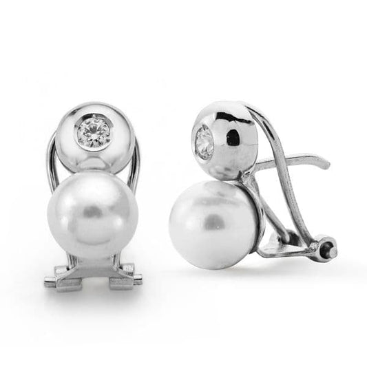 Pendientes Perla Cultivada y Circonita 13 x 7 mm de oro blanco 18K