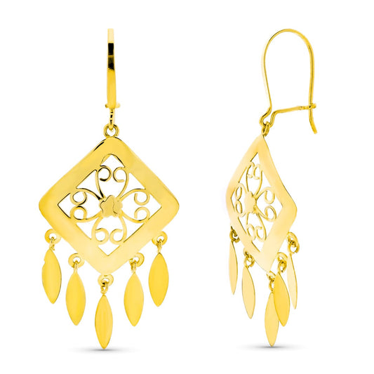 18K PENDIENTES ORO AMARILLO LARGOS CALADOS LAGRIMAS CIERRE GANCHO