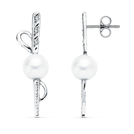 18K PENDIENTES ORO BLANCO PERLA 30X9 MM CIERRE PRESION