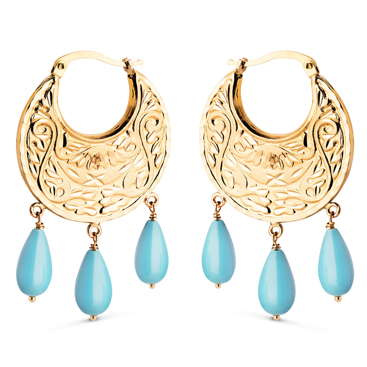 18K PENDIENTES AROS ORO AMARILLO TALLADOS PLANOS CON 3 COLGANTES DE TURQUESA. MEDIDA: 41 X 25 X 2 MM. CIERRE CLIP