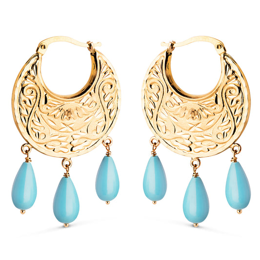 Pendientes Aros Tallados Planos con 3 Colgantes de Turquesa. Medida: 41 X 25 x 2 mm. Cierre Clip de oro amarillo 18K