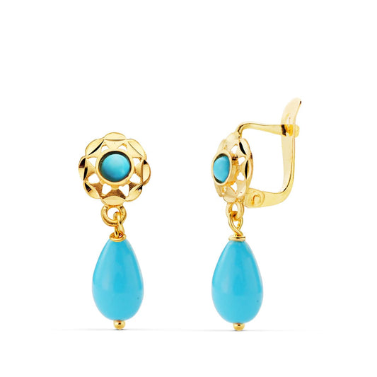 Pendientes Cubanas Turquesas. 17 x 6 mm de oro amarillo 18K