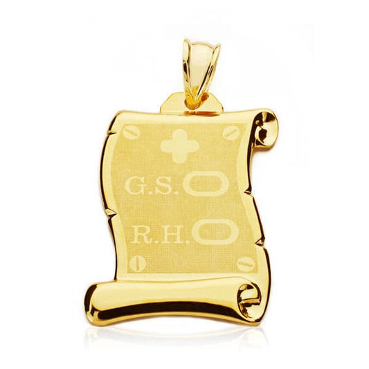 18K PLACA CHAPA COLGANTE PERGAMINO ORO AMARILLO BRILLO GRUPO SANGUINEO RH MATE Y BRILLO 28X22 MM