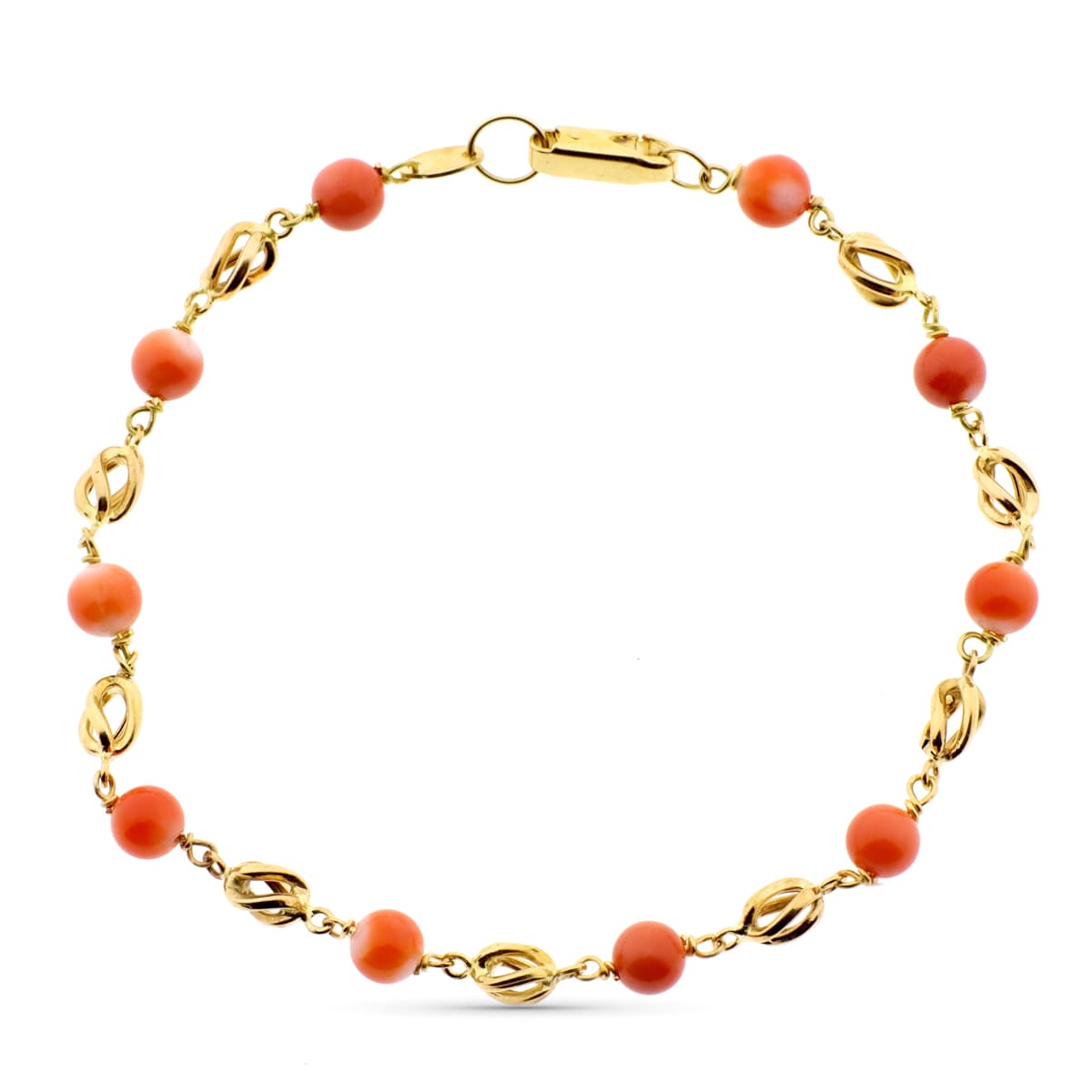 Pulsera con Jaulas y Coral Fino Japones 5 mm 20 cm de oro amarillo 18K