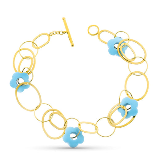 Pulsera Circulos y Flor Turquesa 20 cm de oro amarillo 18K