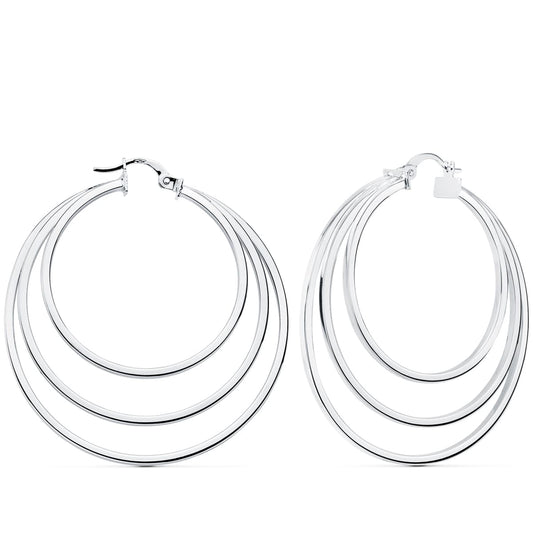 18K PENDIENTES AROS TRIPLES ORO BLANCO HUECOS REDONDOS 43 MM
