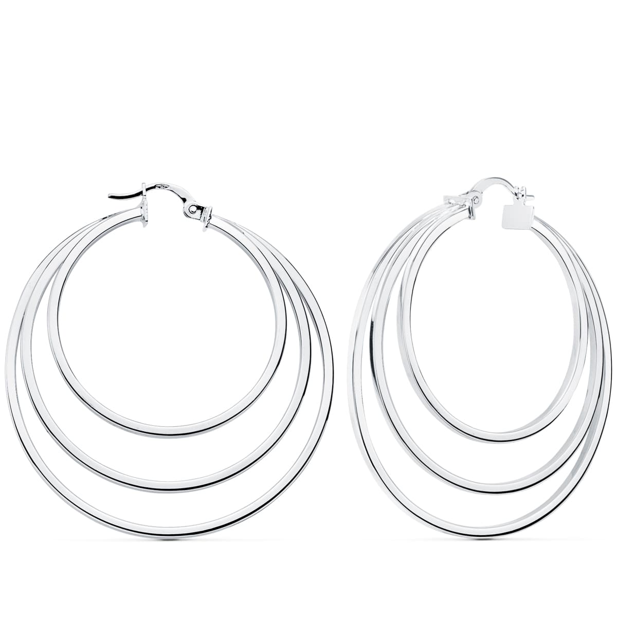 18K PENDIENTES AROS TRIPLES ORO BLANCO HUECOS REDONDOS 43 MM