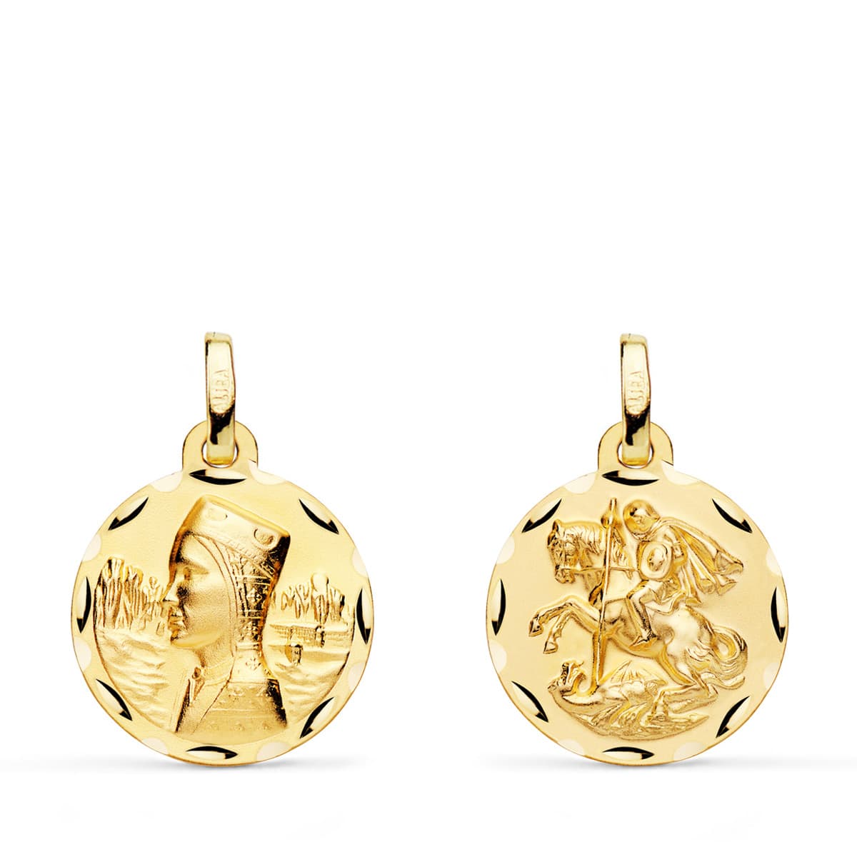 Escapulario Virgen Montserrat y San Jorge Tallado 16 mm de oro amarillo 18K