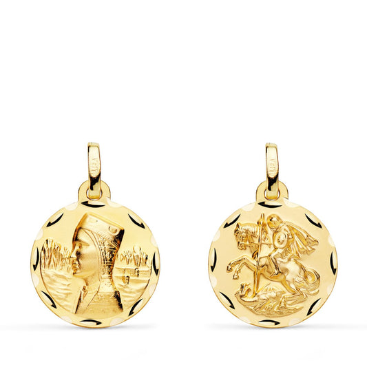 18K ESCAPULARIO ORO AMARILLO VIRGEN MONTSERRAT Y SAN JORGE TALLADO 16 MM