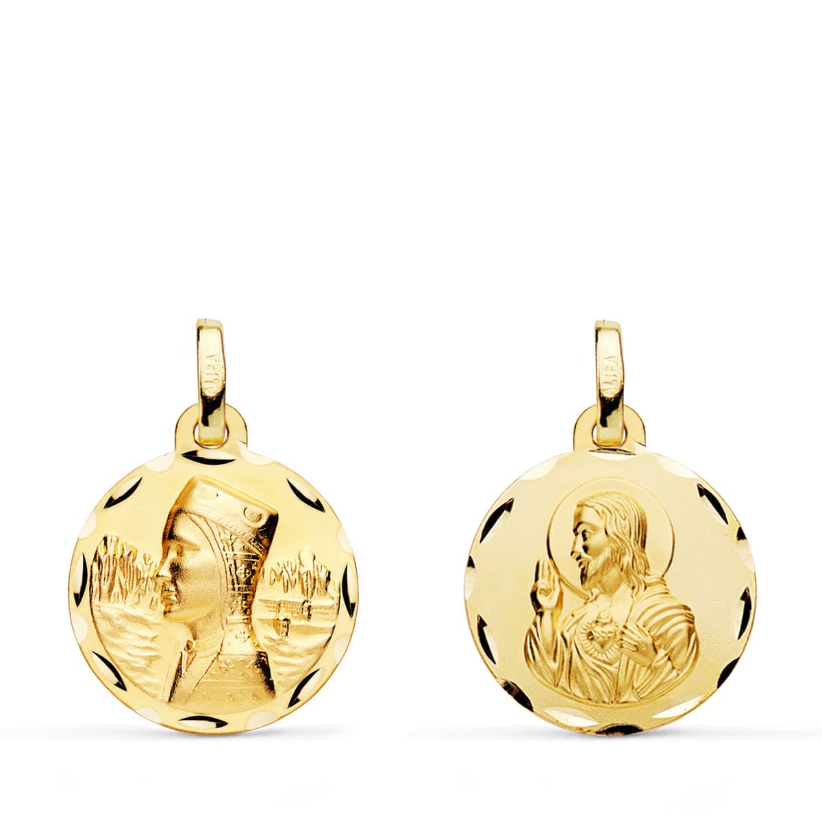 Escapulario Virgen Montserrat y Corazon de Jesus Tallada 16 mm de oro amarillo 18K