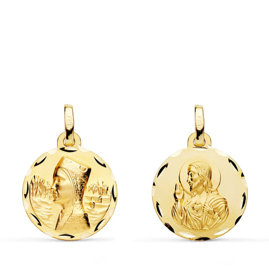 Escapulario Virgen Montserrat y Corazon de Jesus Tallada 16 mm de oro amarillo 18K