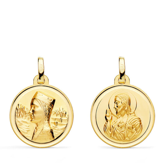 Escapulario Virgen Montserrat y Corazon de Jesus Bisel 18 mm de oro amarillo 18K