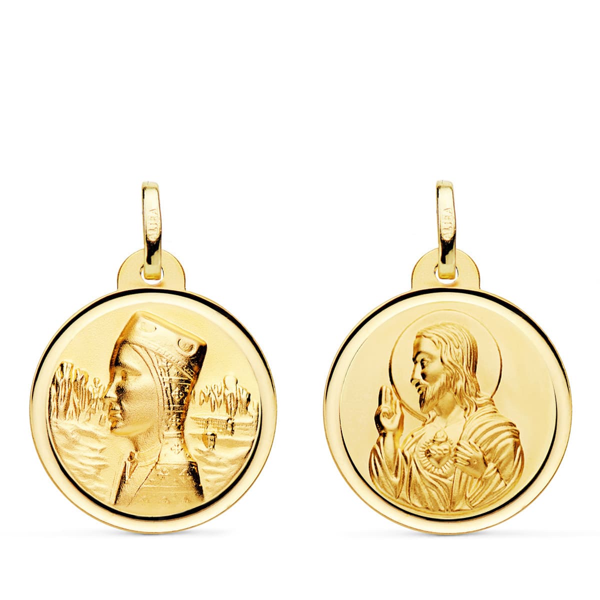 Escapulario Virgen Montserrat y Corazon de Jesus Bisel 20 mm de oro amarillo 18K