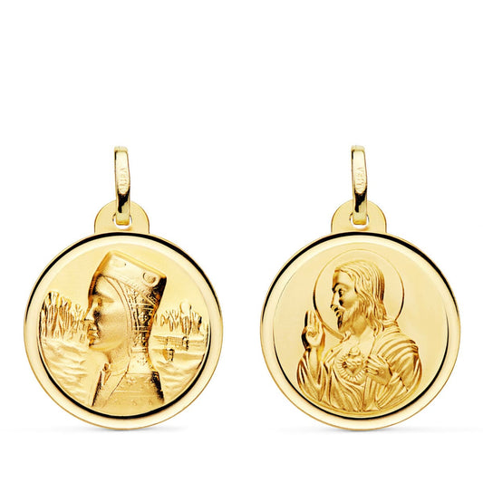 Escapulario Virgen Montserrat y Corazon de Jesus Bisel 20 mm de oro amarillo 18K