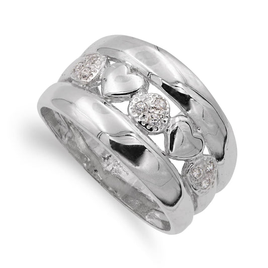 18K SORTIJA ORO BLANCO CORAZONES Y CIRCONITAS. ANCHO: 12 MM