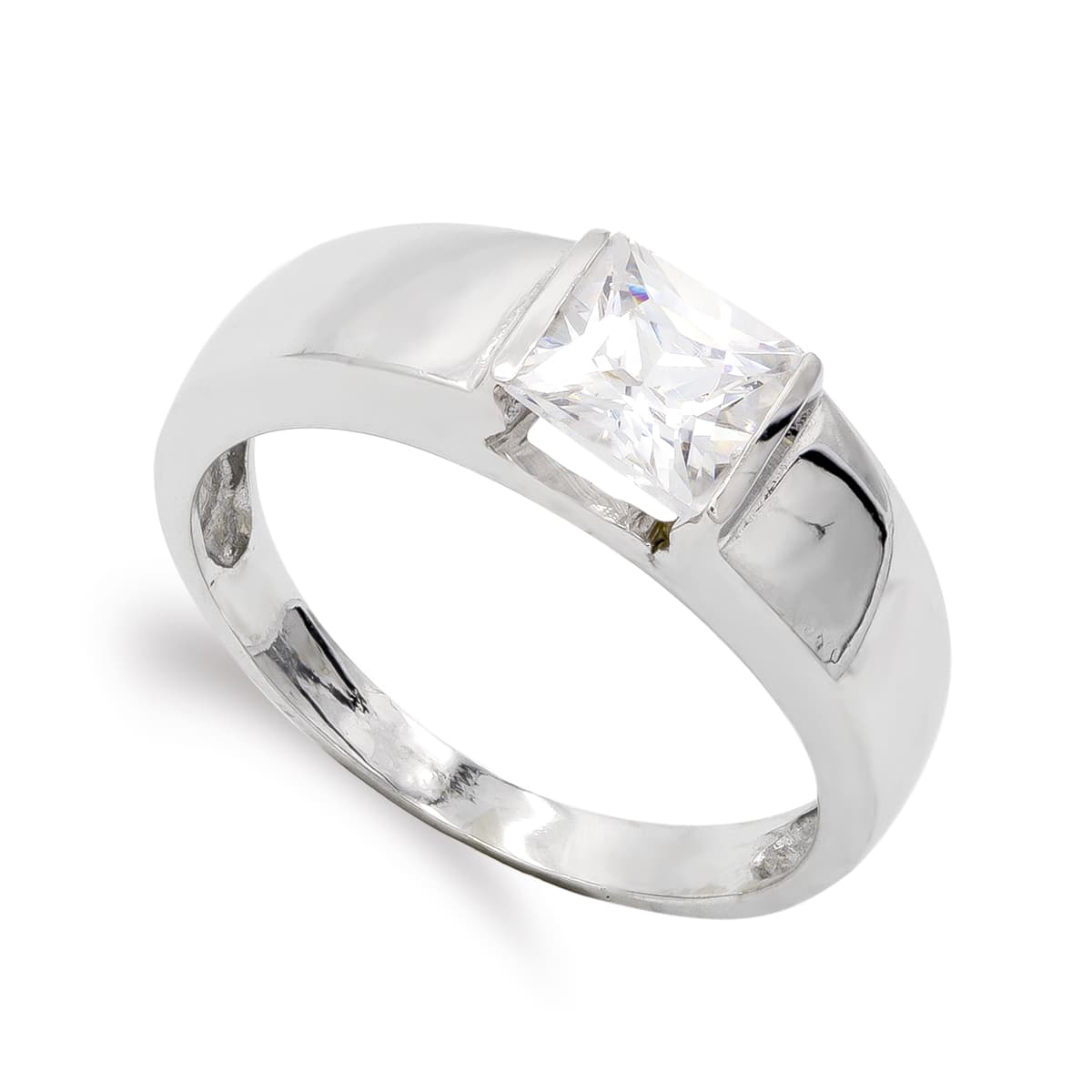 Sortija con Circonita Cuadrada. Ancho: 6 mm de oro blanco 18K