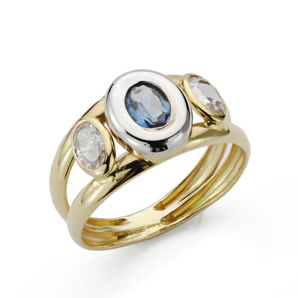 Sortija Bicolor Piedra Doble Cuerpo con Circonita Aguamarina Oval en Bocel. Ancho: 10 mm 18K