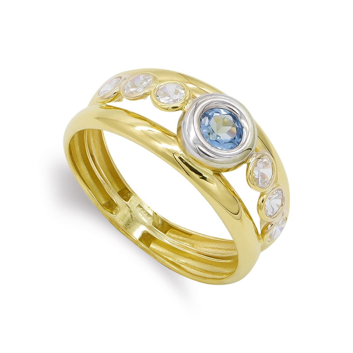18K SORTIJA ORO BICOLOR DOS CUERPOS AGUAMARINA Y CIRCONITAS. ANCHO: 8,5 MM