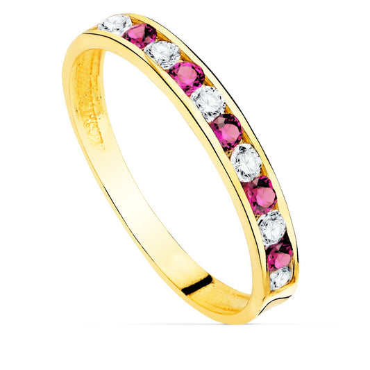 18K SORTIJA ORO AMARILLO CIRCONITA ROJAS Y BLANCAS. ANCHO CUERPO 2.5 MM