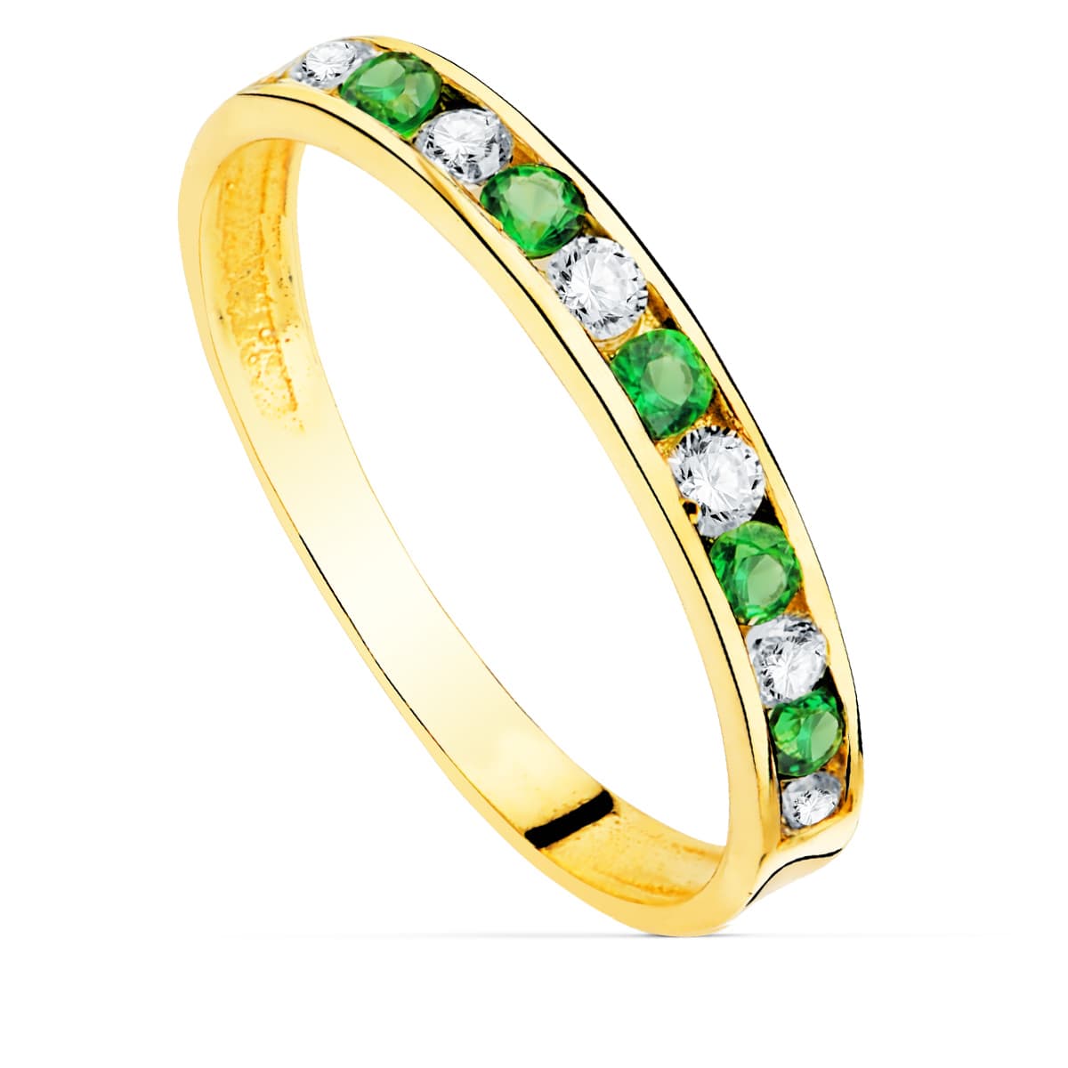 Sortija Circonita Verdes y Blancas. Ancho Cuerpo 2,5 mm de oro amarillo 18K