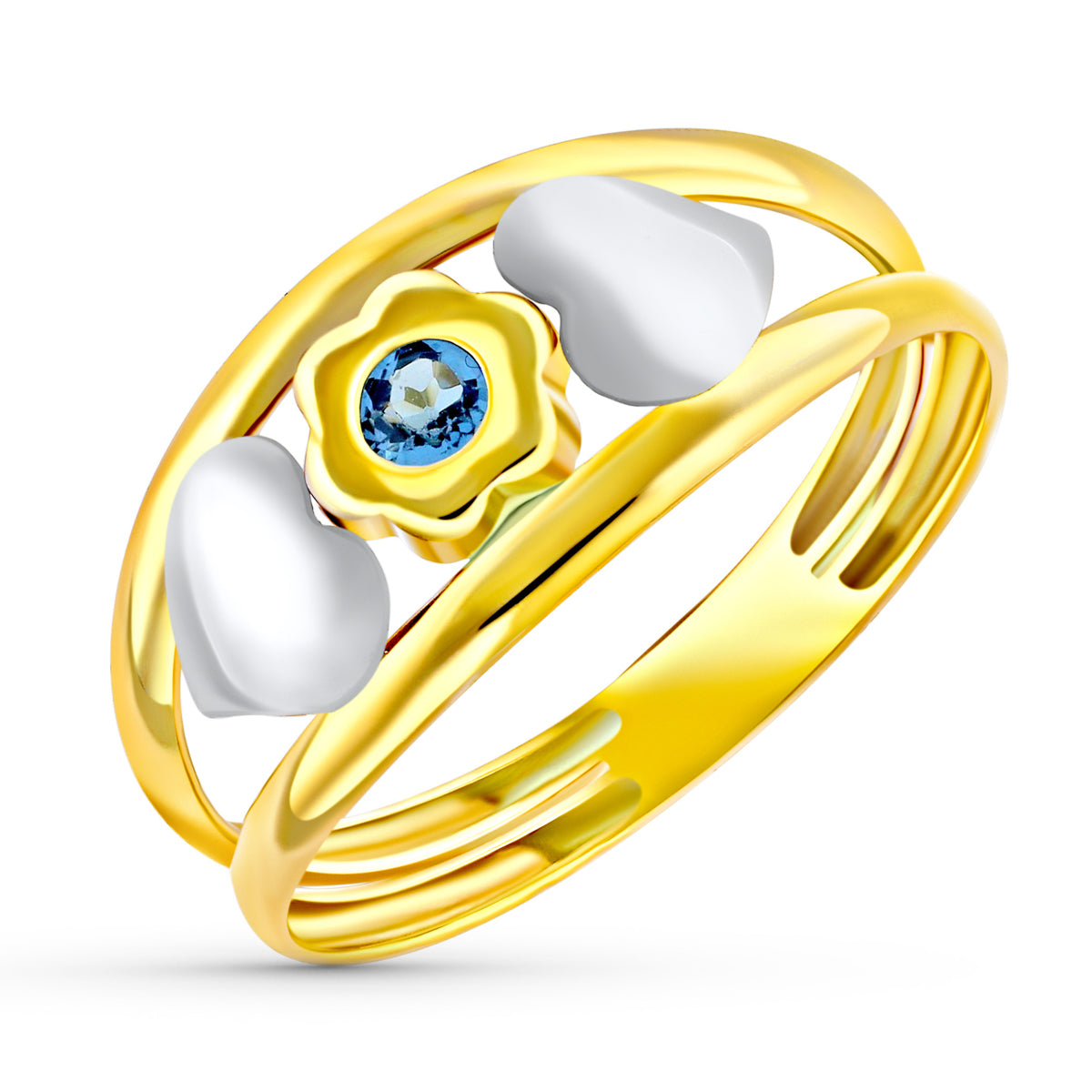 18K SORTIJA ORO BICOLOR DOBLE CUERPO CON CORAZONES Y FLOR CON AGUAMARINA. ANCHO: 8,5 MM