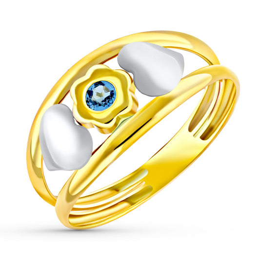 18K SORTIJA ORO BICOLOR DOBLE CUERPO CON CORAZONES Y FLOR CON AGUAMARINA. ANCHO: 8,5 MM