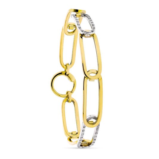 Pulsera Eslabones Calados Bicolor Circonita Ancho 9 mm Largo 20 cm 18K