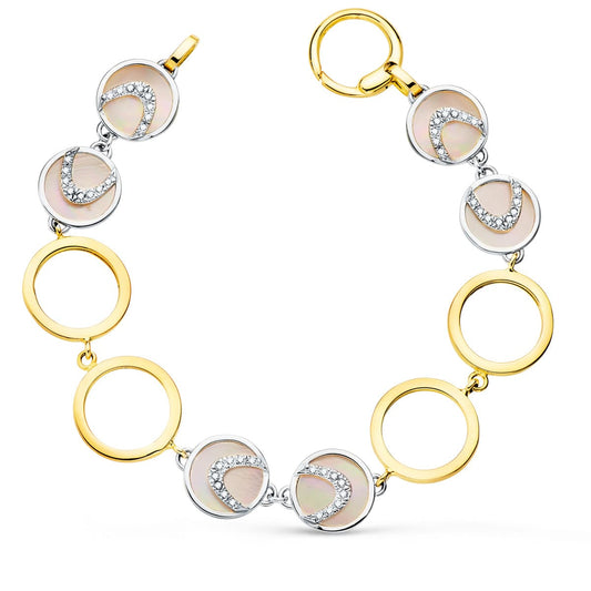 Pulsera Bicolor Circulos Calados 16 mm y Nacar Rosa 20 cm 18K