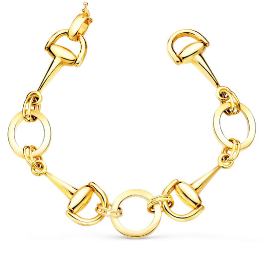 Pulsera Articulada con Estribos y Circulos en Brillo 20 cm de oro amarillo 18K