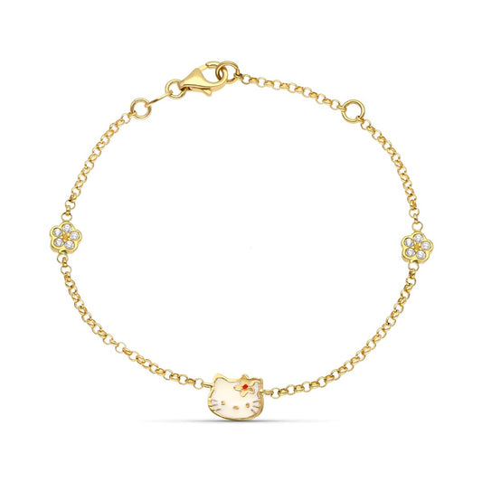 Pulsera Esmalte Gato y Flor Circonita 18 cm de oro amarillo 18K