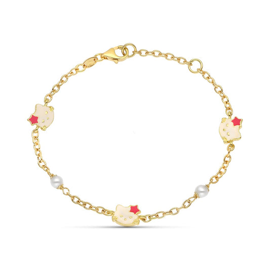 Pulsera Perla y Esmalte Gato 18 cm de oro amarillo 18K
