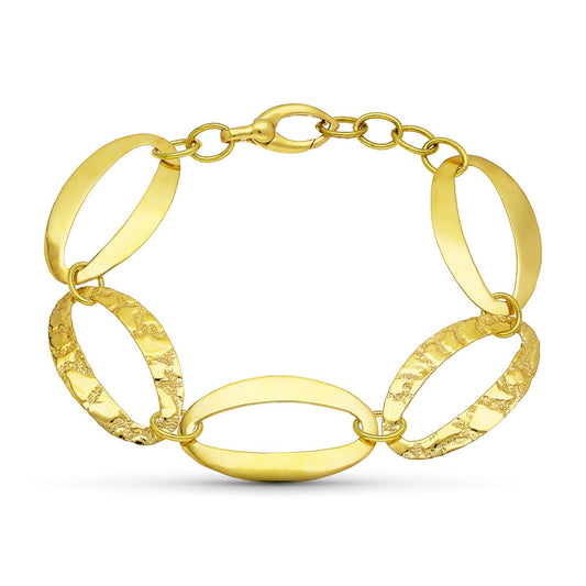Pulsera Eslabon Oval Brillo y Labrado de oro amarillo 18K